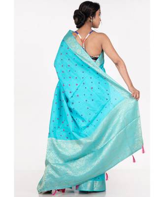 Blue Pure Silk Bandhej Saree With Woven Zari Border And Pallu 3
