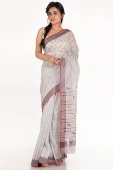 Sea Grey Pure Chanderi Silk Saree With Black Border And Dual Color Booti