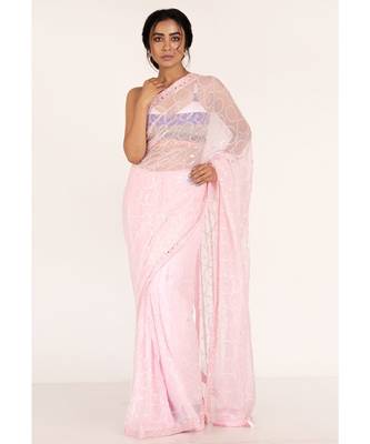 Powder Pink  Chiffon Fully Embroidered Saree With Crystalisation 1