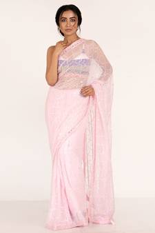 Powder Pink Pure Chiffon Fully Embroidered Saree With Crystalisation