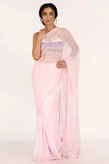 Powder Pink Pure Chiffon Fully Embroidered Saree With Crystalisation