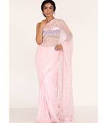 Powder Pink Pure Chiffon Fully Embroidered Saree With Crystalisation