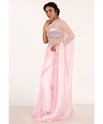 Powder Pink  Chiffon Fully Embroidered Saree With Crystalisation 2