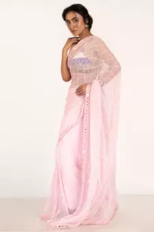 Powder Pink  Chiffon Fully Embroidered Saree With Crystalisation