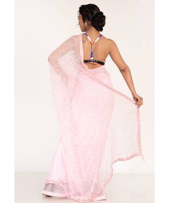 Powder Pink  Chiffon Fully Embroidered Saree With Crystalisation 3