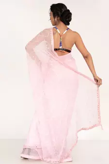 Powder Pink  Chiffon Fully Embroidered Saree With Crystalisation
