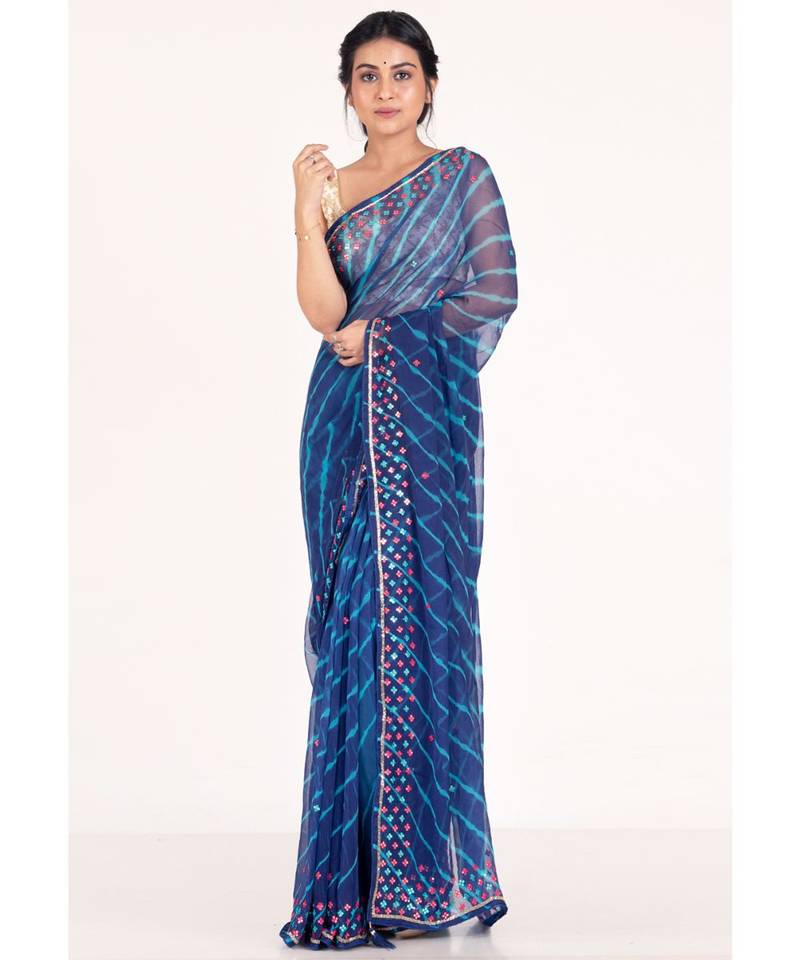 blue Blue Pure Chiffon Lehariya Saree With Multicolor Mirror Work Border