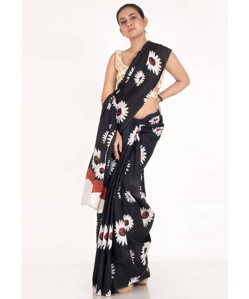 Black Handloom Bagru Malmal Sunflower Printed Saree