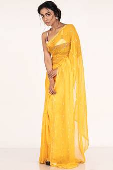 Yellow Pure Chiffon Saree With Hand Embroidered Work Of Pearl And Beads
