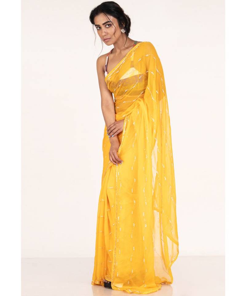 Yellow Pure Chiffon Saree With Hand Embroidered Work Of Pearl And Beads