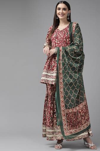 Maroon printed cotton ethnic-kurtis