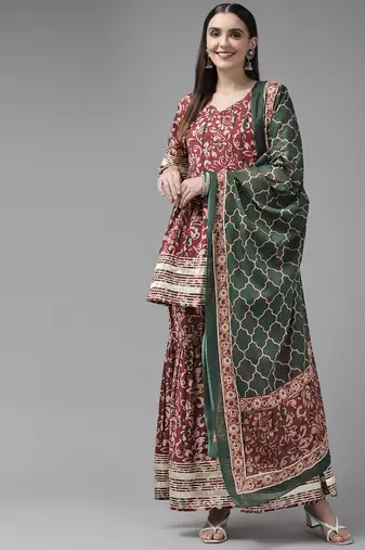 Maroon printed cotton ethnic-kurtis