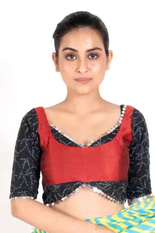 Maroon Rawsilk Padded Blouse With Black Chikankari Sleeves