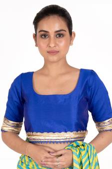 Blue Rawsilk Padded Blouse With Golden Lace Detailing