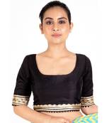 Black Rawsilk Padded Blouse With Golden Lace Detailing