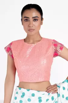 Peach Sequin Net Padded Blouse With Pink Floral Net Detailing