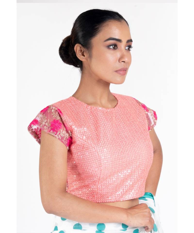 Peach Sequin Net Padded Blouse With Pink Floral Net Detailing