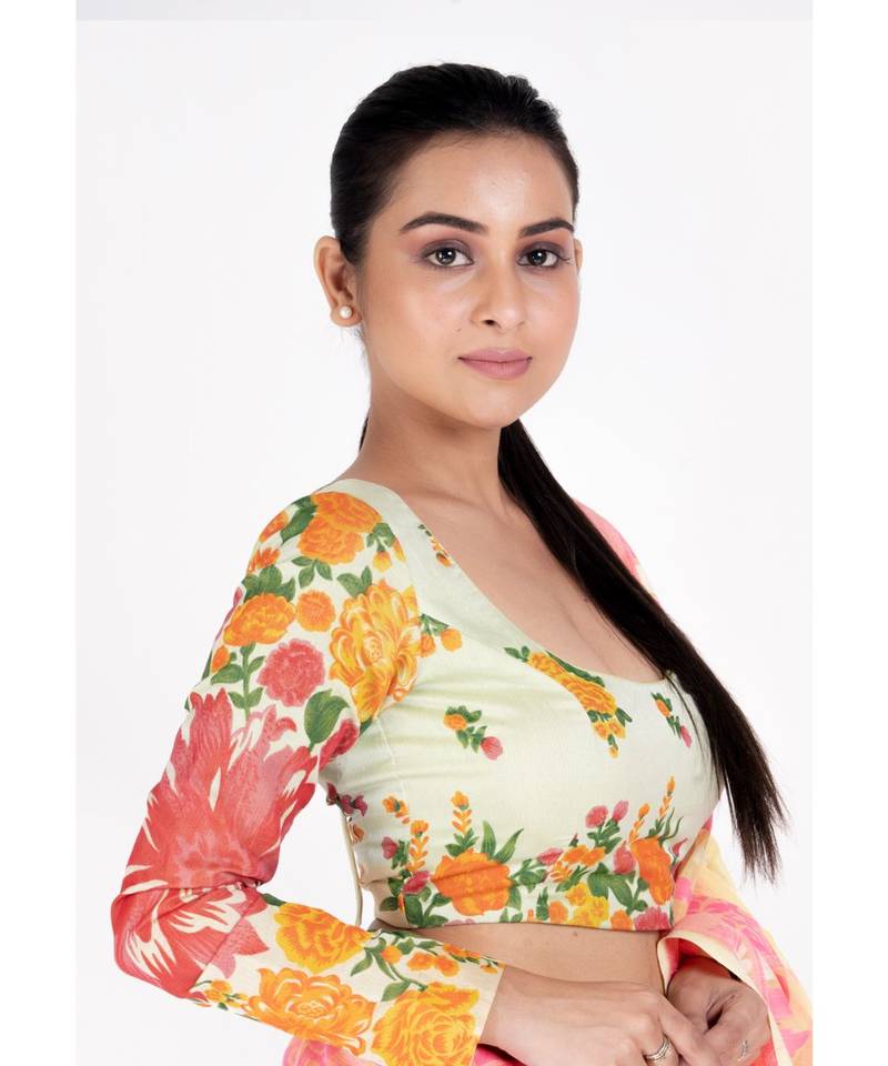 Lemon Printed Cotton Linen Padded Blouse With Full Sleeves