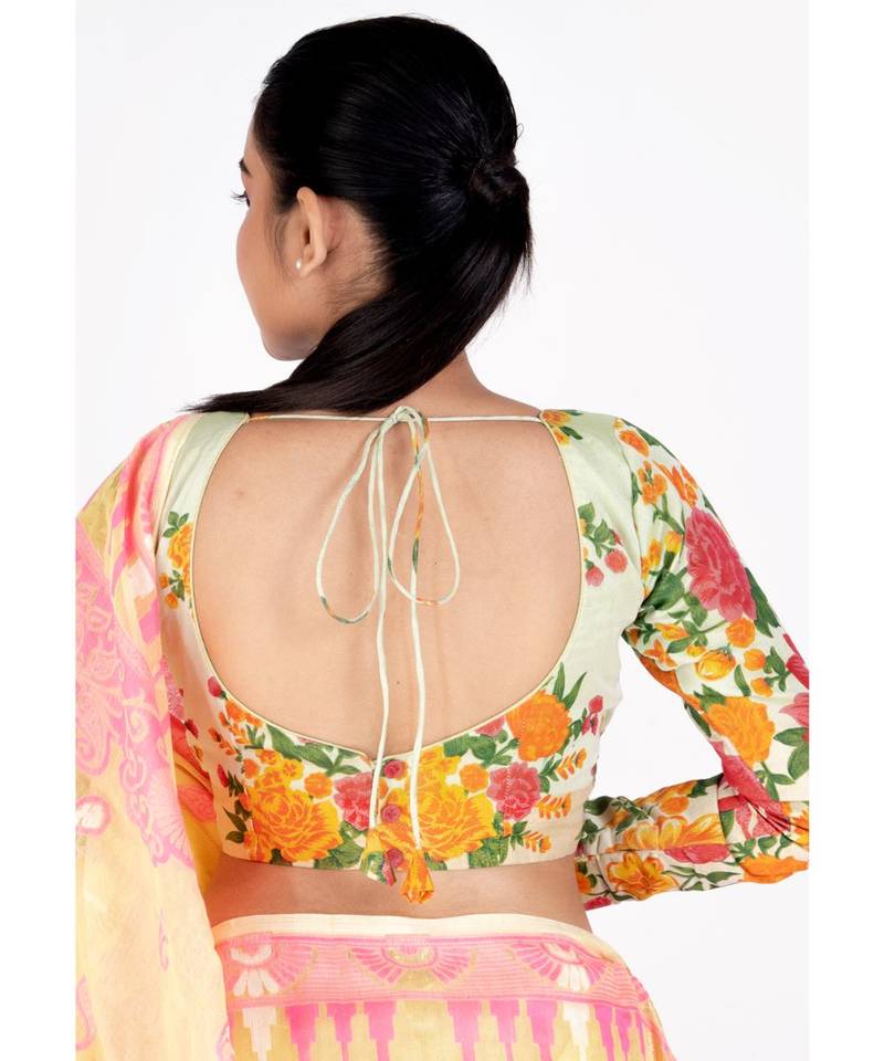 Lemon Printed Cotton Linen Padded Blouse With Full Sleeves