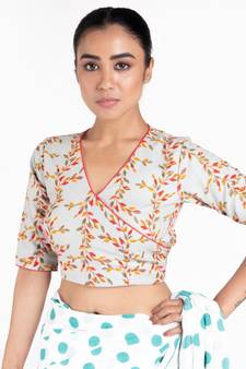 Light Grey Printed Cotton Overlap Padded Blouse