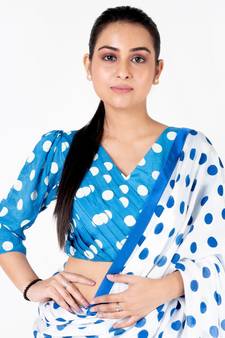 Blue Polka Dotted Front Side Pleadted Padded Chiffon Blouse
