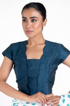 Mid Night Blue Rawsilk Padded Blouse With Scallop Overlap Design