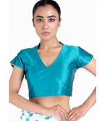 Teal Raw Silk Padded Blouse With Back Overlap Design