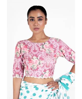 Vintage Pink Printed Cotton Linen Padded Blouse With White Lace Detailing 1