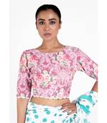 Vintage Pink Printed Cotton Linen Padded Blouse With White Lace Detailing