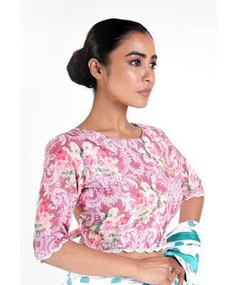 Vintage Pink Printed Cotton Linen Padded Blouse With White Lace Detailing 2