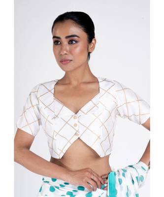 Ivory Raw Silk Padded Blouse With Golden Checks And Front Button 1