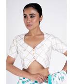 Ivory Raw Silk Padded Blouse With Golden Checks And Front Button