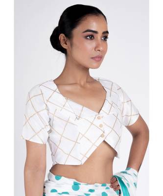 Ivory Raw Silk Padded Blouse With Golden Checks And Front Button 2
