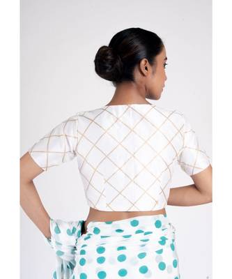 Ivory Raw Silk Padded Blouse With Golden Checks And Front Button 3