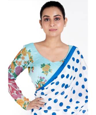 Blue Printed Cotton Linen Padded Blouse With Full Sleeves 1