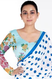 Blue Printed Cotton Linen Padded Blouse With Full Sleeves