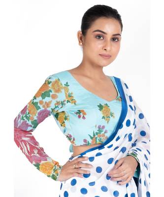 Blue Printed Cotton Linen Padded Blouse With Full Sleeves 2
