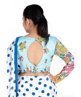 Blue Printed Cotton Linen Padded Blouse With Full Sleeves 3
