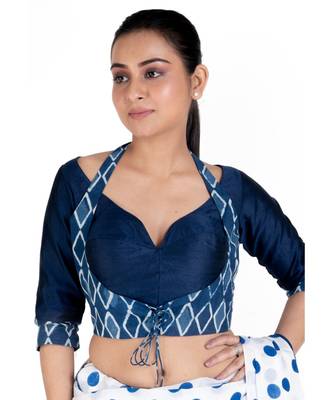 Navy Blue Rawsilk Padded Blouse With Bagru Halter Design And Front Dori 1