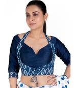 Navy Blue Rawsilk Padded Blouse With Bagru Halter Design And Front Dori