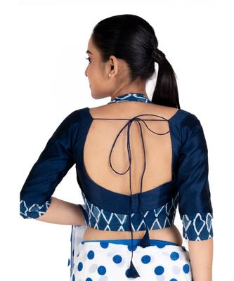 Navy Blue Rawsilk Padded Blouse With Bagru Halter Design And Front Dori 3