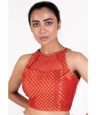 Red Brocade Halter Neck Padded Blouse With Net Detailing And Back Zip 1