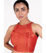 Red Brocade Halter Neck Padded Blouse With Net Detailing And Back Zip