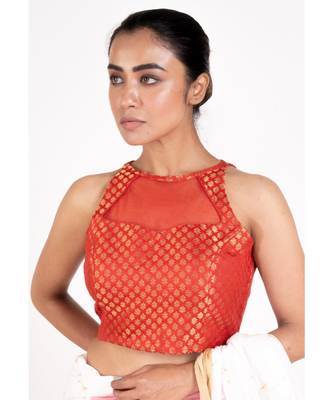 Red Brocade Halter Neck Padded Blouse With Net Detailing And Back Zip 2