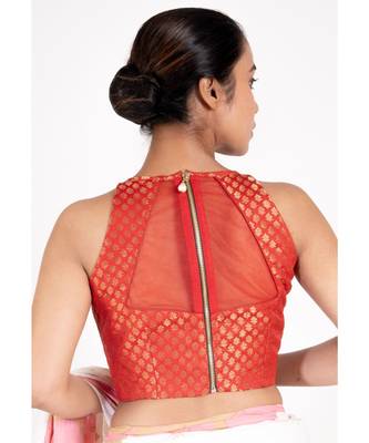 Red Brocade Halter Neck Padded Blouse With Net Detailing And Back Zip 3