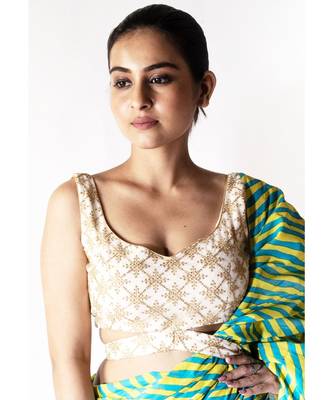 Ivory And Golden Net Padded Blouse With Belt 1