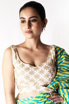 Ivory And Golden Net Padded Blouse With Belt