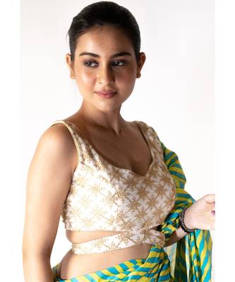 Ivory And Golden Net Padded Blouse With Belt 2