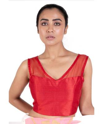 Red Rawsilk Padded Blouse With Sheer Organza Detailing 1