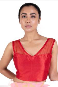 Red Rawsilk Padded Blouse With Sheer Organza Detailing